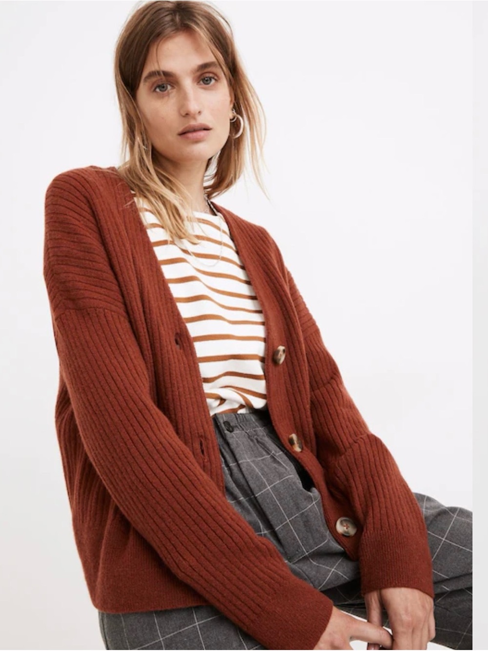 Madewell Cameron Ribbed Cardigan Sweater in Burnished Mahogany